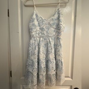 Just Me Lace Ruffle Dress in Light Blue Floral size Large